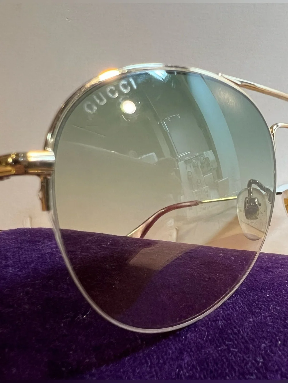 Gucci Men’s Gold Frame Sunglasses with Green Lenses $150